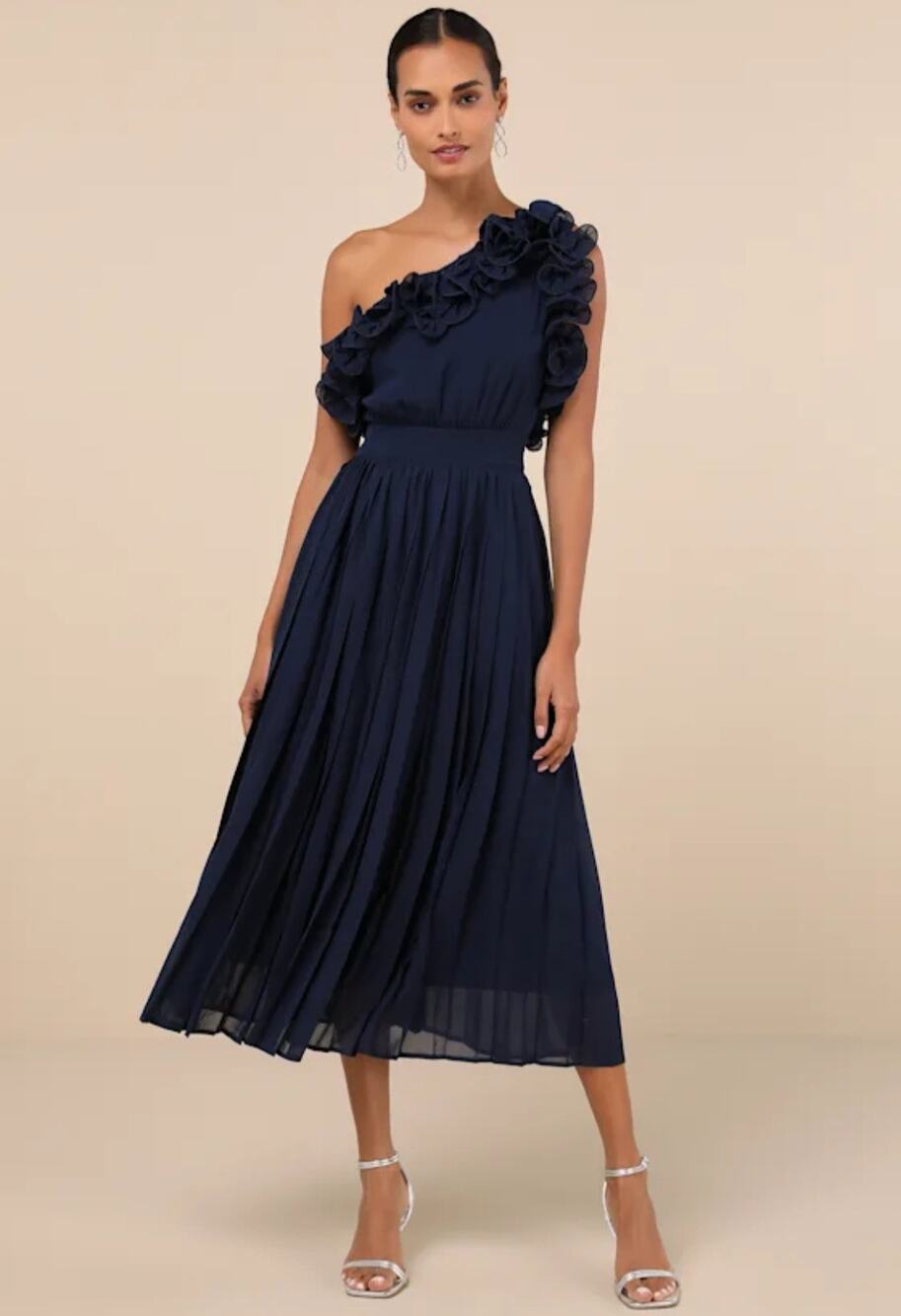 Lulus Splendid Charisma Navy One-Shoulder Midi Dress - Ruffled Pleated NWT XL